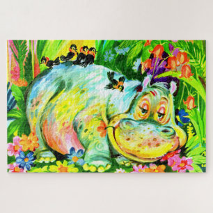 bright colorful hippopotamus and birds jigsaw puzzle