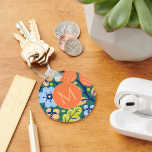 Bright Colorful Modern Floral Pattern Monogrammed Key Ring