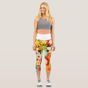 Bright Colorful Retro Cute Floral Pattern Capri Leggings