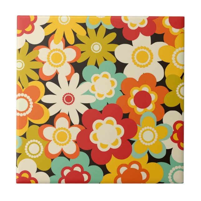 Bright Colorful Retro Cute Floral Pattern Ceramic Tile (Front)