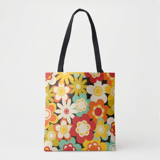 Bright Colorful Retro Cute Floral Pattern Tote Bag (Front)