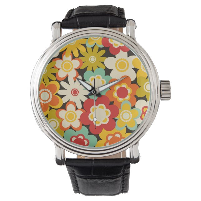 Bright Colorful Retro Cute Floral Pattern Watch (Front)