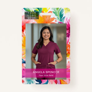 Bright colors pink floral Event ID name tag photo ID Badge