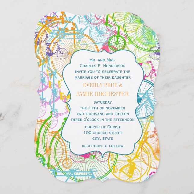 Bright Colors Stylized Vintage Bicycle Wedding Invitation (Front/Back)