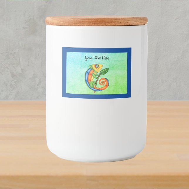 Bright Colour Cartoon Cute Lizard Leaf Blue Border Food Label (Bright colourful lizard holding stick with leaf on green blue mixed food label with blue border.)