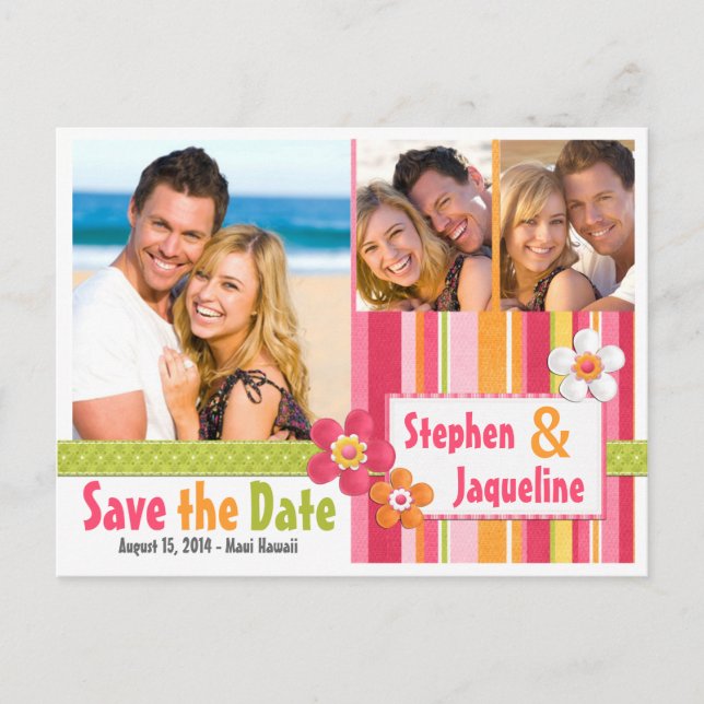 Bright Colour Save the Date Card Stripes and Flowe (Front)