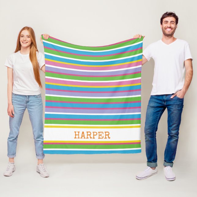 Bright Colour Stripes NAME Modern Preppy Fun Hip Fleece Blanket (In Situ)