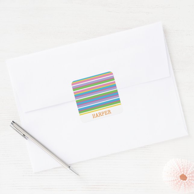 Bright Colour Stripes NAME Modern Summer Fun Hip Square Sticker (Envelope)