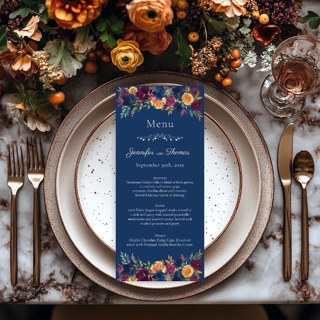 Bright Colour Watercolor Navy Blue Floral Wedding Menu (Creator Uploaded)