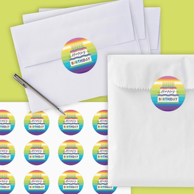 Bright Coloured Birthday Cake With Candles Classic Round Sticker (Creator Uploaded)