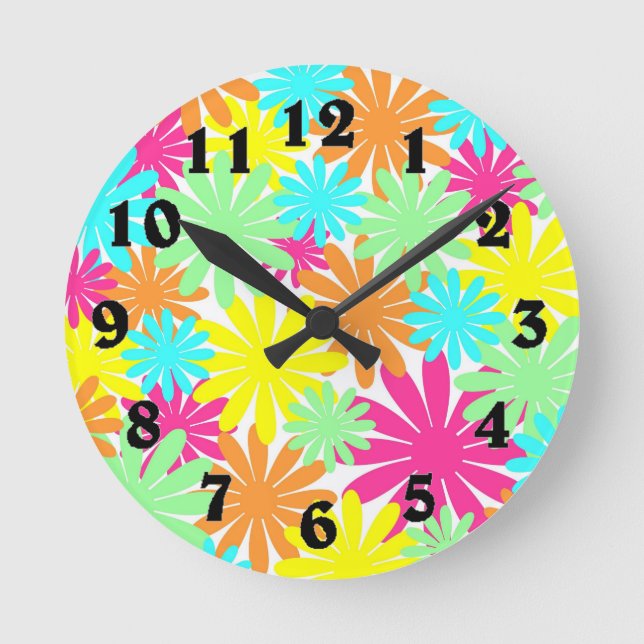 Bright coloured daisy flowers round clock (Front)