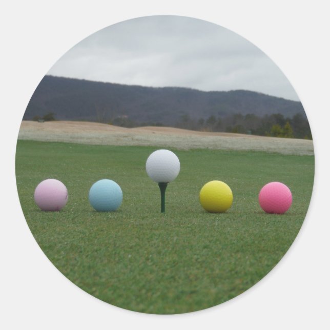 bright coloured Golf Balls on a mountain Classic Round Sticker (Front)