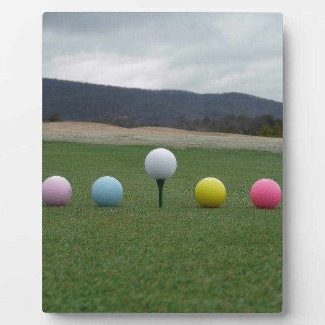 bright coloured Golf Balls on a mountain Plaque (Front)