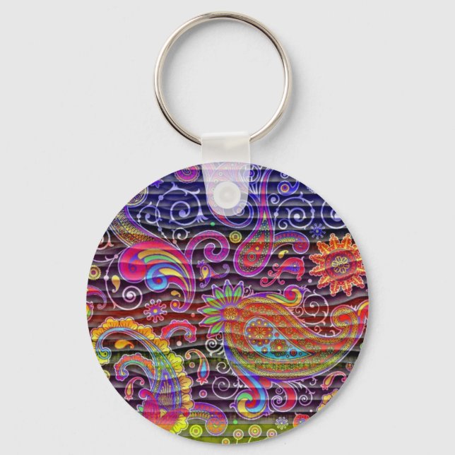 bright coloured paisley wavy lines key ring (Front)