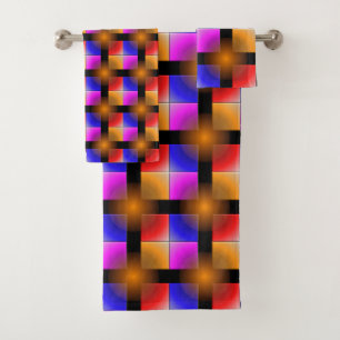 Bright coloured squares on black background bath towel set
