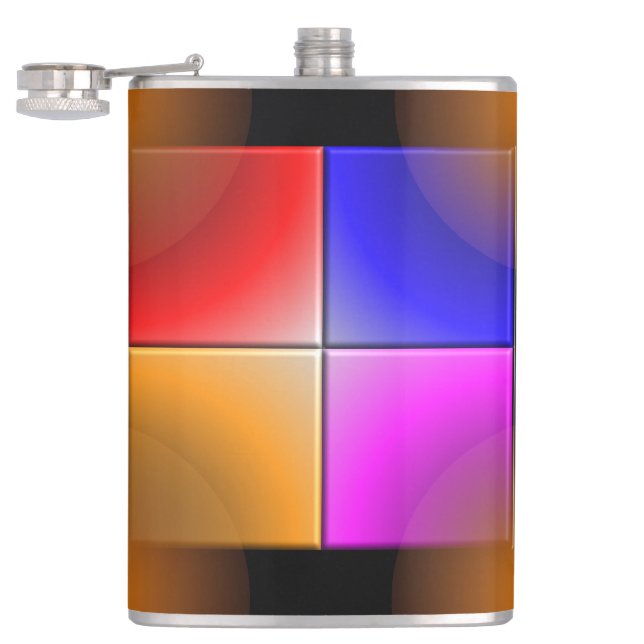 Bright coloured squares on black background hip flask (Opened)