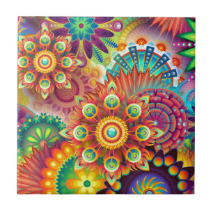 Bright Colourful Abstract Flower Pattern Ceramic Tile