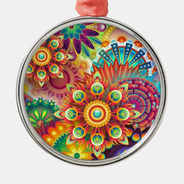 Bright Colourful Abstract Flower Pattern Metal Tree Decoration (Front)