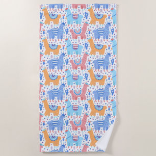 Bright Colourful Alpaca Pattern Beach Towel