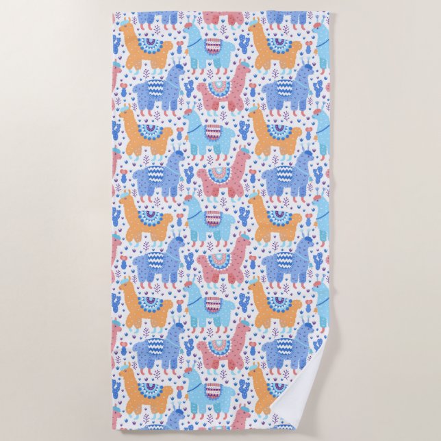 Bright Colourful Alpaca Pattern Beach Towel (Front)