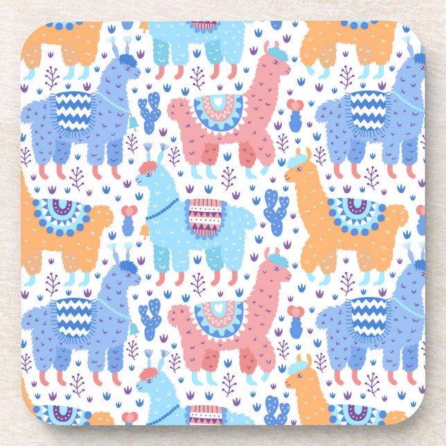 Bright Colourful Alpaca Pattern Coaster (Front)