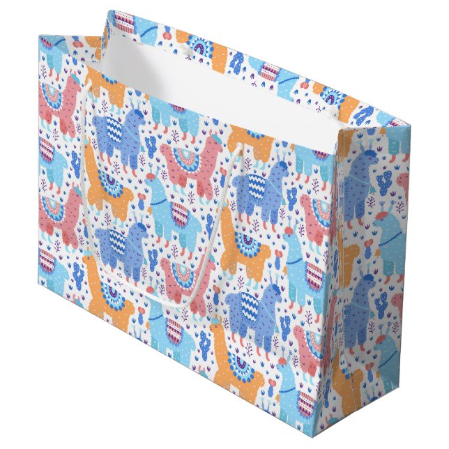 Bright Colourful Alpaca Pattern Large Gift Bag (Front Angled)