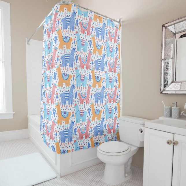 Bright Colourful Alpaca Pattern Shower Curtain (In Situ)