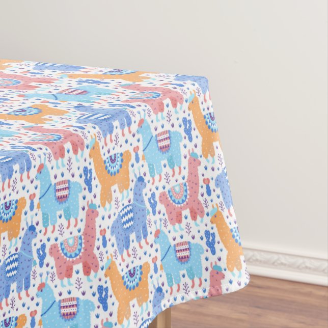 Bright Colourful Alpaca Pattern Tablecloth (In Situ)