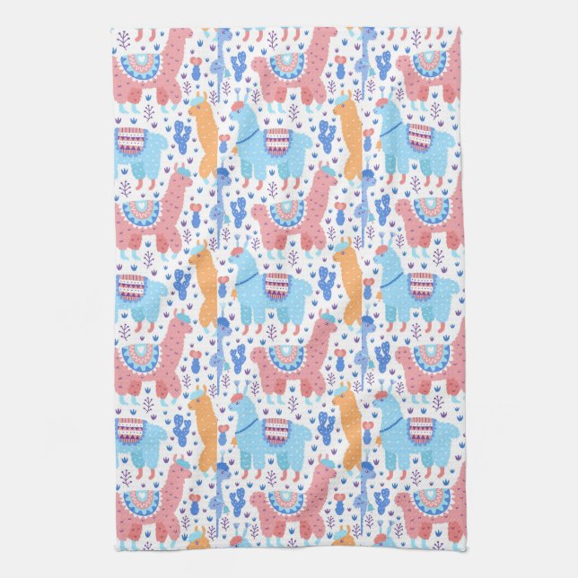 Bright Colourful Alpaca Pattern Tea Towel (Vertical)