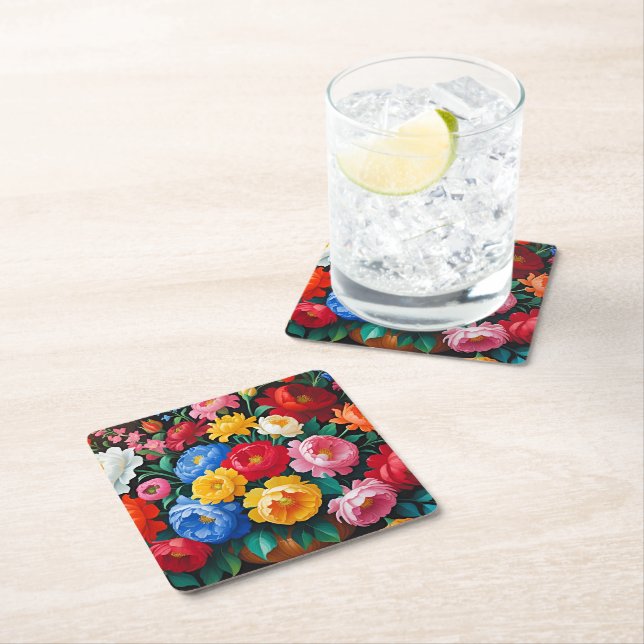 Bright, colourful and vivid square paper coaster (Insitu)