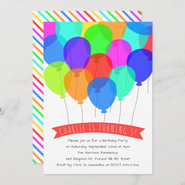 Bright Colourful Balloons Any Age Birthday Invitation (Front/Back)