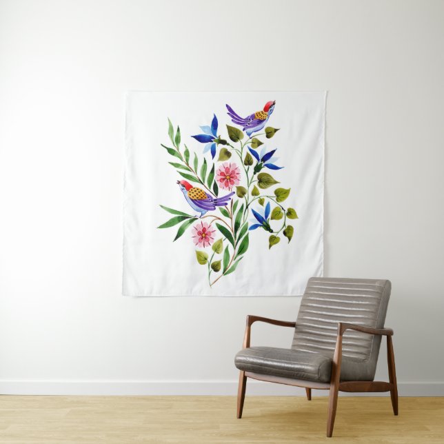 Bright Colourful Birds and Flowers Watercolor  Tapestry (In Situ)