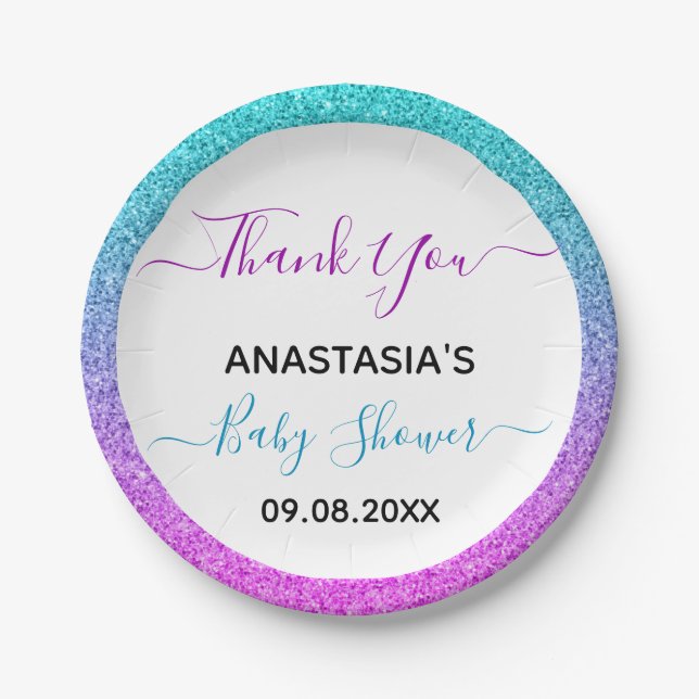 Bright Colourful Blue Purple Thank You Baby Shower Paper Plate (Front)
