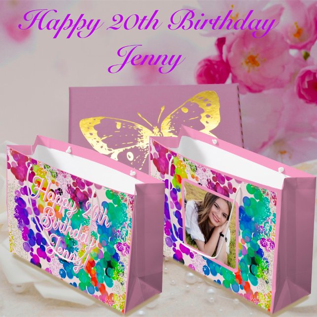 Bright Colourful Bokeh Birthday Festive Photo Text Large Gift Bag (Creator Uploaded)