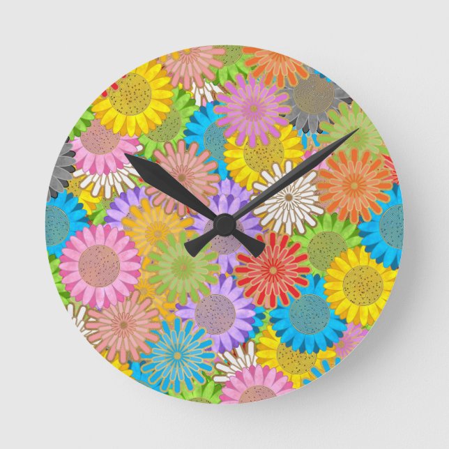 Bright Colourful Busy Chaotic Hippy Flower Pattern Round Clock (Front)