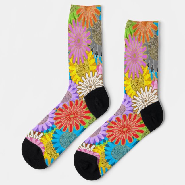 Bright Colourful Busy Chaotic Hippy Flower Pattern Socks (Left)