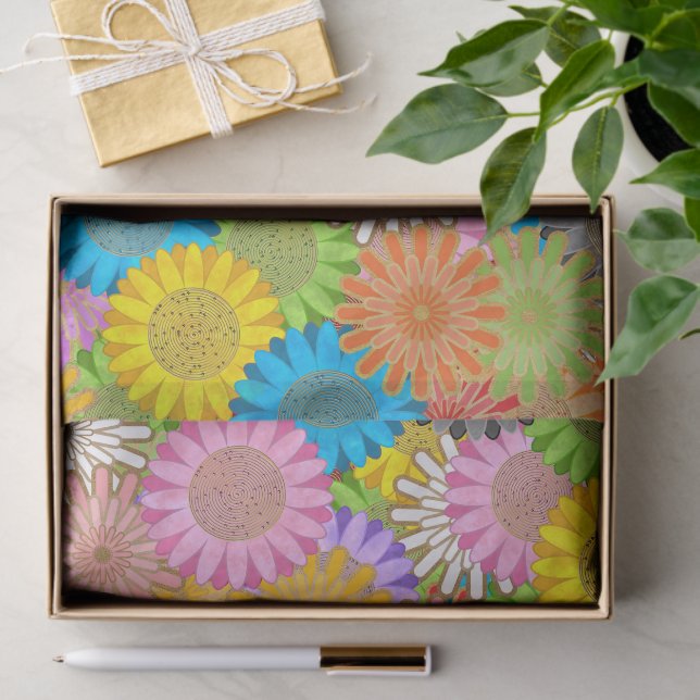 Bright Colourful Busy Chaotic Hippy Flower Pattern Tissue Paper (Gift)