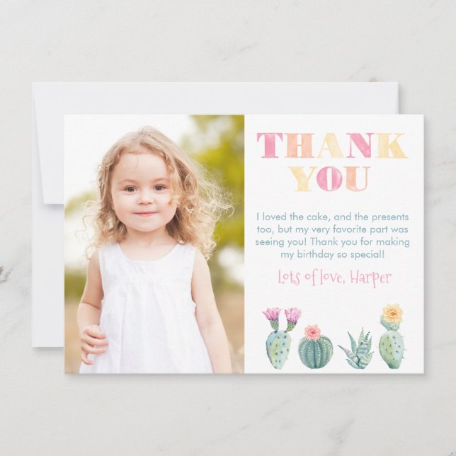 Bright Colourful Cactus Watercolor Birthday Party Thank You Card (Front)