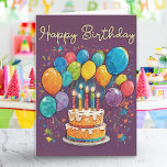 Bright Colourful Cake Party Balloons Birthday Card<br><div class="desc">A bright birthday card with a modern picture of an iced birthday cake with candles and colourful balloons. The greeting 'Happy Birthday' is above the picture on the front,  as well as inside the card.</div>
