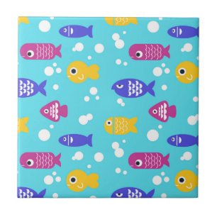 Bright Colourful Cartoon Fish Pattern Blue Ceramic Tile