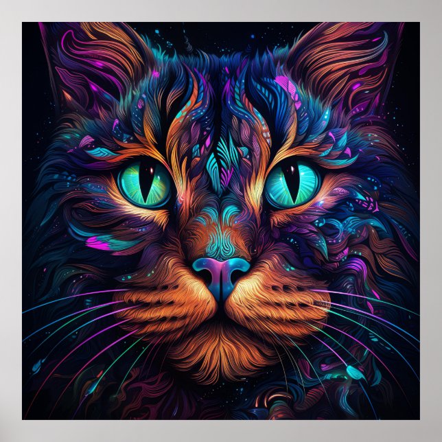 Bright Colourful Cat Face Wall Poster Print (Front)