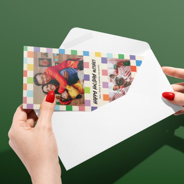 Bright Colourful Chequerboard 2 Photo Skinny Holiday Card (Colorful checkerboard patterned two photo skinny holiday card with custom message on back)