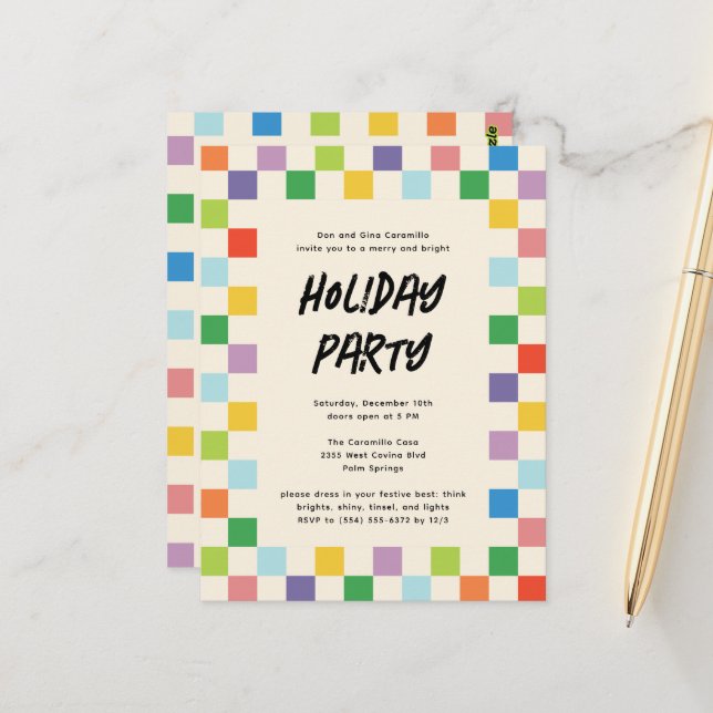 Bright Colourful Chequerboard Holiday Party Postcard (Front/Back In Situ)