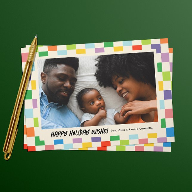 Bright Colourful Chequerboard Landscape Photo Holiday Card (colorful checkerboard patterned landscape one photo holiday card)