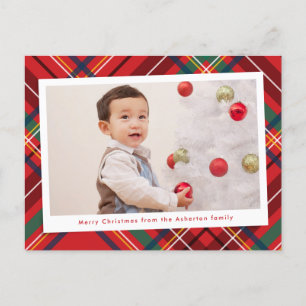 Bright colourful Christmas plaid one photo Holiday Postcard