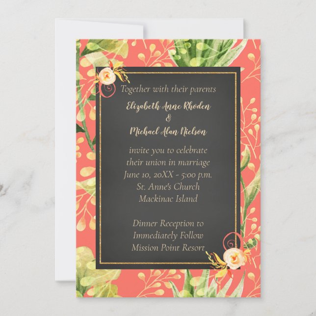 Bright Colourful Coral Peach Floral Invitation (Front)