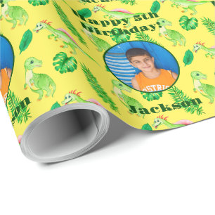 Bright Colourful Custom Photo Text Dinosaur Patter Wrapping Paper
