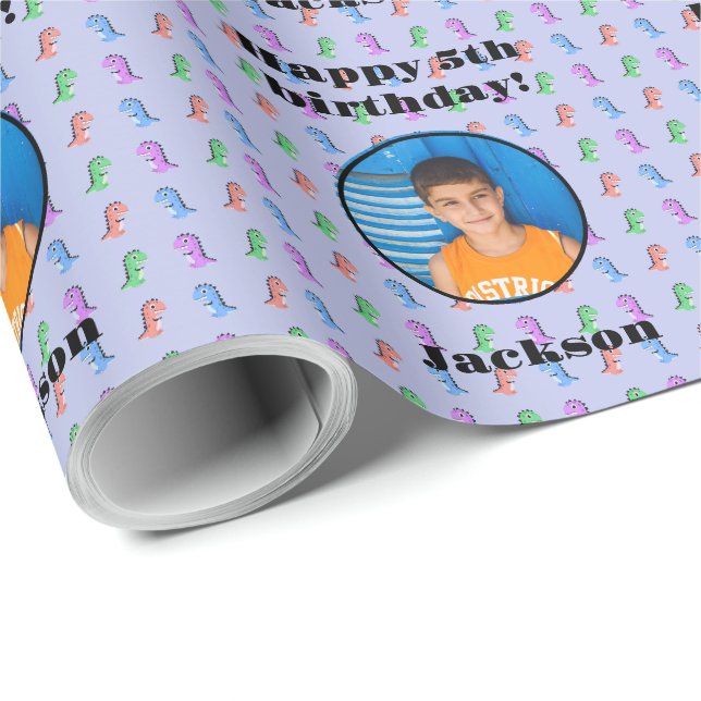 Bright Colourful Custom Photo Text Dinosaur Patter Wrapping Paper (Roll Corner)
