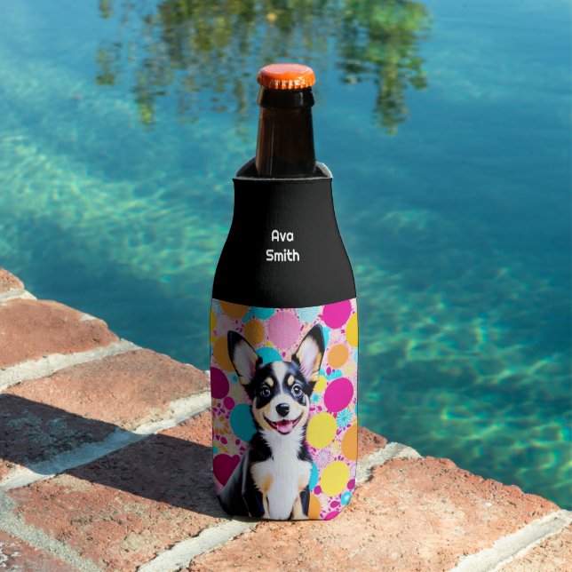 Bright Colourful Cute Dog Personalised Name Trendy Bottle Cooler (In Situ Pool)