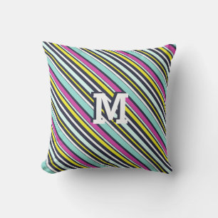 Bright Colourful Diagonal Stripes Pattern Monogram Cushion